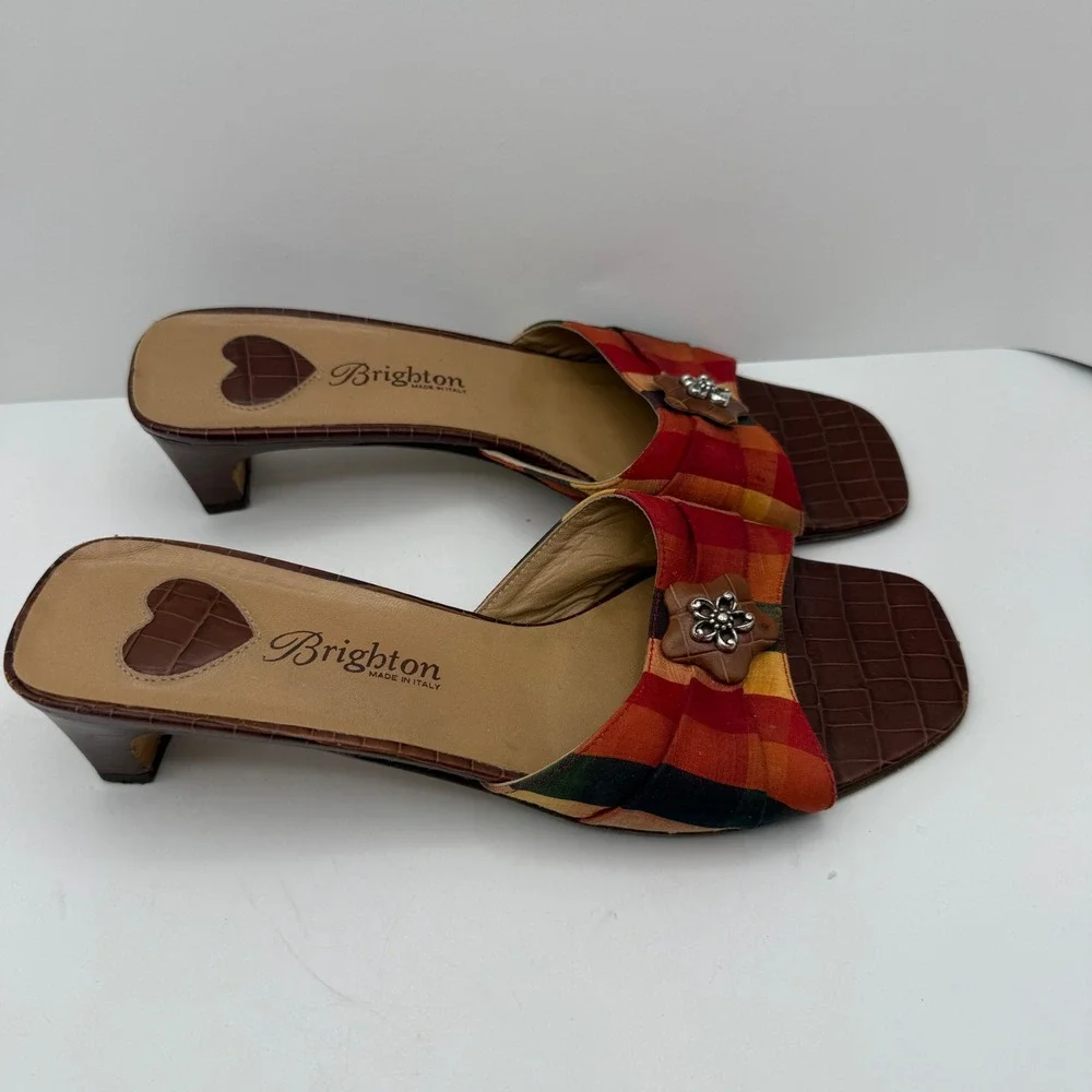 Brighton Women's Size 8 Square Toe Slide Sandals Multi Color Plaid Wedge Heels - Picture 3 of 8